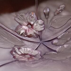 Beautiful heavy glass bowl with 3D flowers and leaves, pink tinted, clear 13"